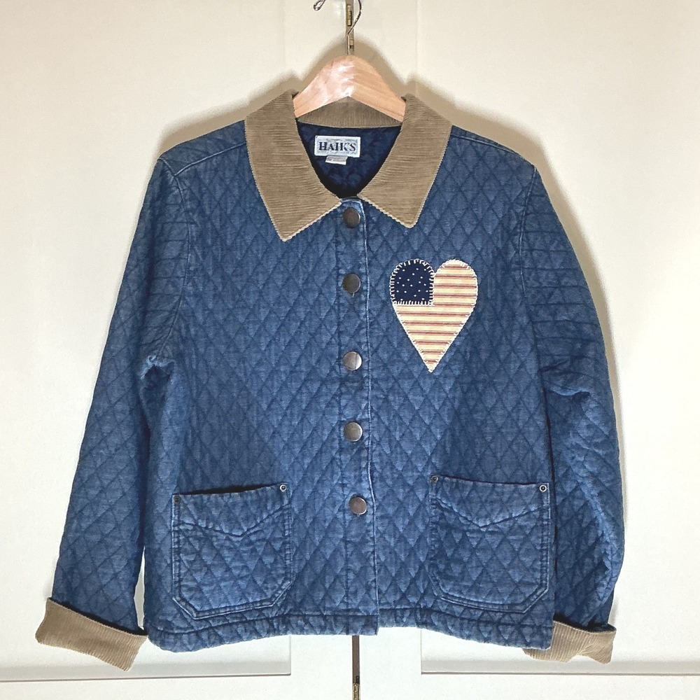 Vintage Quilted Denim Jacket Women Large Cotton Americana Heart Barn Jacket